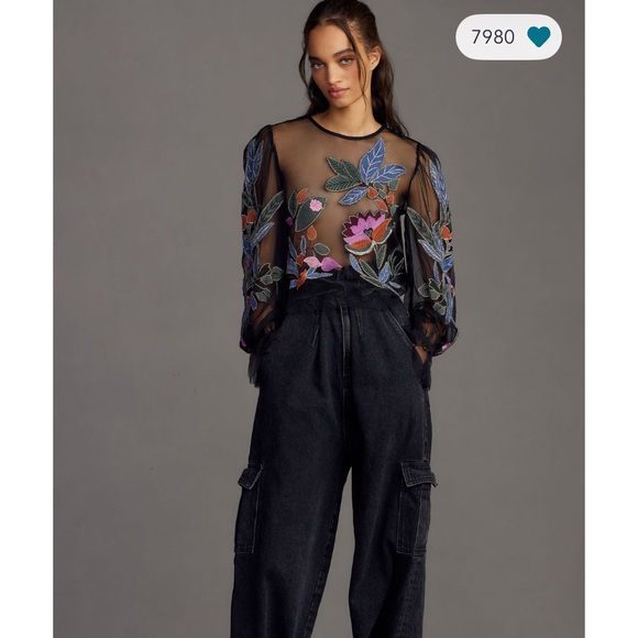 Anthropologie The Layla Long Sleeve Appliqué Mesh Blouse - Picture 4 of 6